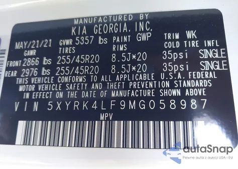 2021 Kia Sorento Sx Prestige from USA, damaged, VIN 5XYRK4LF9MG058987